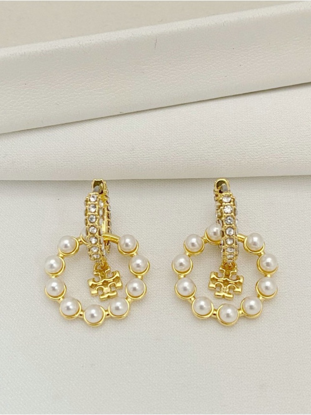 Tory Burch Gold Pearl Hoop Earrings with Crystal-Studded Huggies